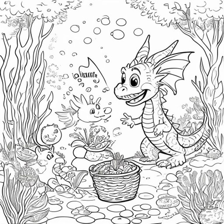 Chế độ xem hồ sơ của một con rồng thân thiện, cầm một tấm biển có dòng chữ "ColoringMe" được viết bằng chữ bong bóng màu trắng, trong hồ sơ, trong vương quốc rạn san hô dưới nước, phong cách siêu thựcLily là một cô bé tốt bụng thích khám phá khu rừng. Một buổi sáng đầy nắng, cô đội mũ trùm đầu màu đỏ, nhặt một giỏ trái cây tươi và đi dọc theo một con đường nhỏ trong rừng. Cô gặp những con thỏ, chim, sóc và bướm thân thiện. Trên đường đi, cô giúp một con chim nhỏ bị rơi khỏi tổ, tưới những bông hoa xinh đẹp và băng qua một cây cầu gỗ bắc qua một dòng suối lấp lánh. Cô phát hiện ra một cái cây kỳ diệu với những chiếc lá phát sáng và đi theo một con đường mòn của những bông hoa đầy màu sắc đến một ngôi nhà nhỏ ẩn giấu. Một bà già chào đón Lily bằng bánh quy ấm và trà. Sau một chuyến thăm hạnh phúc, Lily đi bộ trở về nhà qua khu rừng, vẫy tay chào tạm biệt tất cả những người bạn động vật của mình. Cô về nhà an toàn khi mặt trời lặn, mỉm cười sau cuộc phiêu lưu trong rừng tuyệt vời của mình.