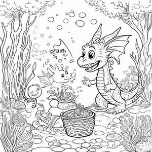 Chế độ xem hồ sơ của một con rồng thân thiện, cầm một tấm biển có dòng chữ "ColoringMe" được viết bằng chữ bong bóng màu trắng, trong hồ sơ, trong vương quốc rạn san hô dưới nước, phong cách siêu thựcLily là một cô bé tốt bụng thích khám phá khu rừng. Một buổi sáng đầy nắng, cô đội mũ trùm đầu màu đỏ, nhặt một giỏ trái cây tươi và đi dọc theo một con đường nhỏ trong rừng. Cô gặp những con thỏ, chim, sóc và bướm thân thiện. Trên đường đi, cô giúp một con chim nhỏ bị rơi khỏi tổ, tưới những bông hoa xinh đẹp và băng qua một cây cầu gỗ bắc qua một dòng suối lấp lánh. Cô phát hiện ra một cái cây kỳ diệu với những chiếc lá phát sáng và đi theo một con đường mòn của những bông hoa đầy màu sắc đến một ngôi nhà nhỏ ẩn giấu. Một bà già chào đón Lily bằng bánh quy ấm và trà. Sau một chuyến thăm hạnh phúc, Lily đi bộ trở về nhà qua khu rừng, vẫy tay chào tạm biệt tất cả những người bạn động vật của mình. Cô về nhà an toàn khi mặt trời lặn, mỉm cười sau cuộc phiêu lưu trong rừng tuyệt vời của mình.
