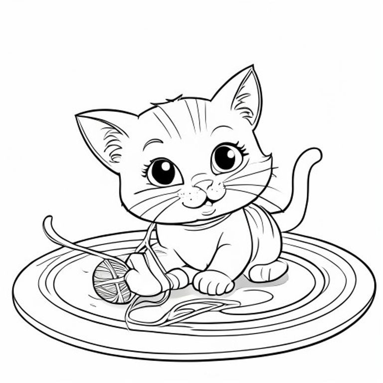 Một chú mèo dễ thương đang chơi với một quả bóng chỉ trên thảm tròn