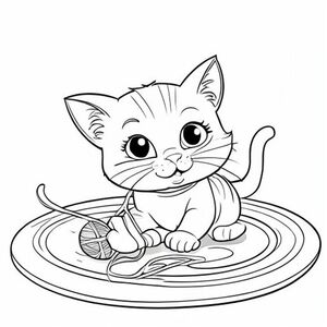 Một chú mèo dễ thương đang chơi với một quả bóng chỉ trên thảm tròn