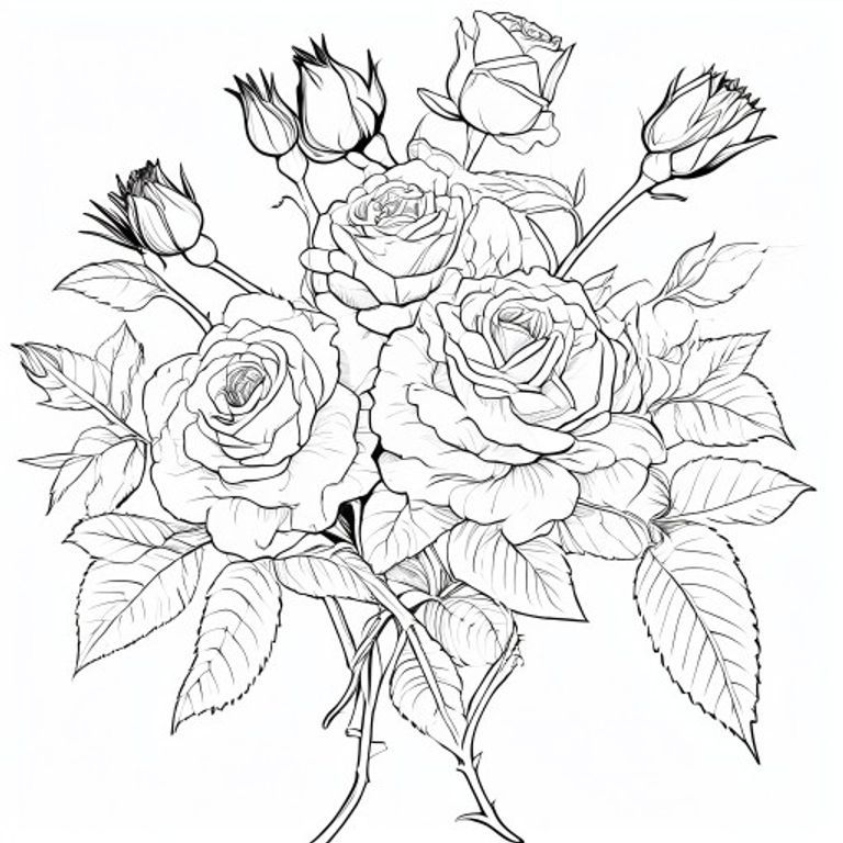 A realistic bouquet of blooming roses with elegant leaves, curling vines, flower buds, and intricate botanical details. Intricate botanical coloring book page, clean black and white line art, ultra-detailed, bold crisp outlines, highly intricate floral patterns, elegant composition, printable, white background, no grayscale, no shading, no color, vector illustration, adult coloring book style, centered composition, 300 DPI, professional quality, no text, no watermark, no border, SVG-style line art.