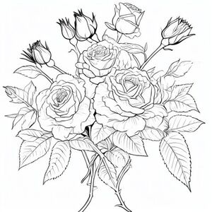 A realistic bouquet of blooming roses with elegant leaves, curling vines, flower buds, and intricate botanical details. Intricate botanical coloring book page, clean black and white line art, ultra-detailed, bold crisp outlines, highly intricate floral patterns, elegant composition, printable, white background, no grayscale, no shading, no color, vector illustration, adult coloring book style, centered composition, 300 DPI, professional quality, no text, no watermark, no border, SVG-style line art.
