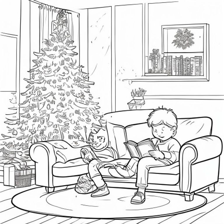 I want a cozy living room a boy sitting on a couch reading book a Christmas tree and two cats 