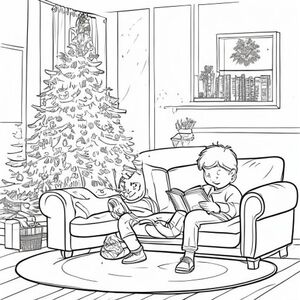 I want a cozy living room a boy sitting on a couch reading book a Christmas tree and two cats 