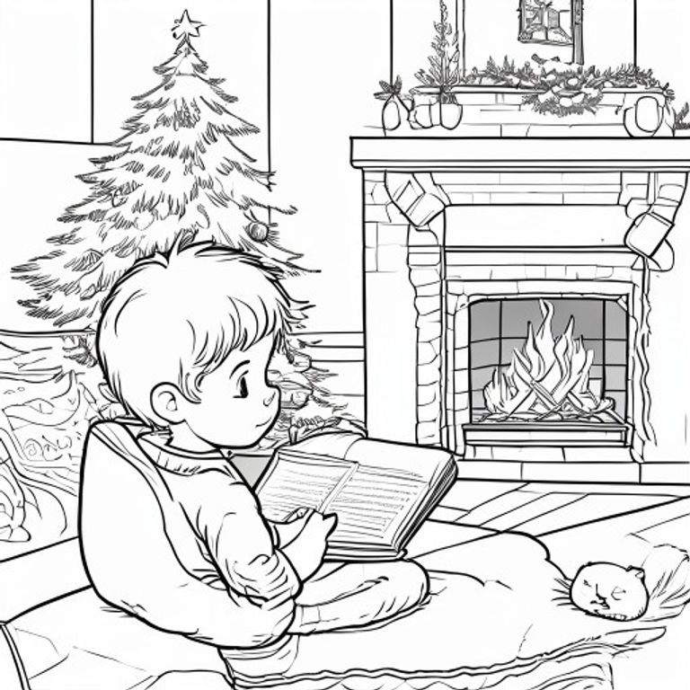 A profile view of a cute little boy reading a book, sitting in a living on a couch, in the corner there is a Christmas tree and two cute cats sleeping Infront of a fireplace 