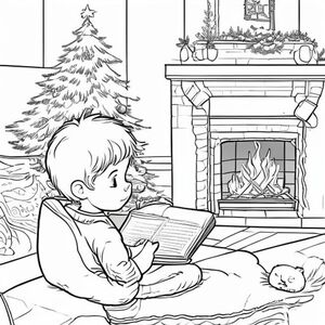 A profile view of a cute little boy reading a book, sitting in a living on a couch, in the corner there is a Christmas tree and two cute cats sleeping Infront of a fireplace 