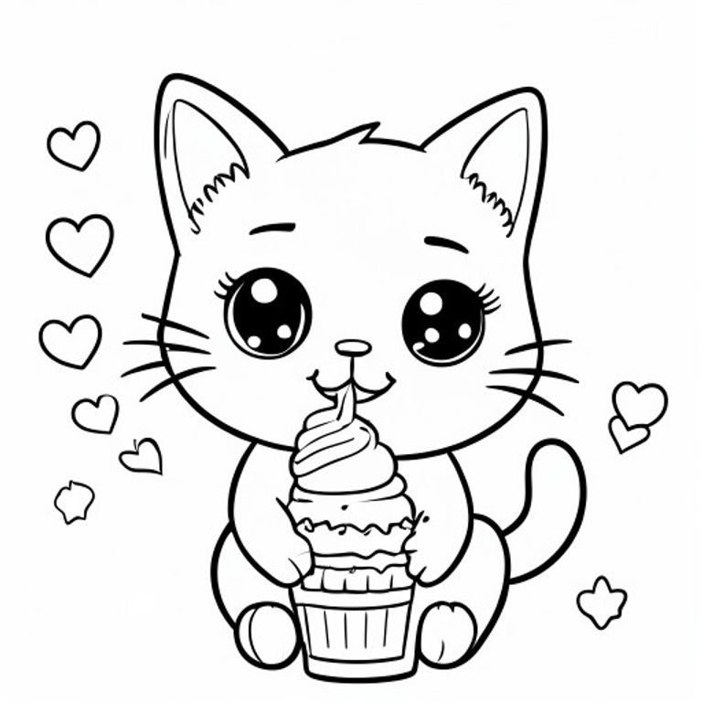 A cute kawaii cat eating ice cream, adorable children's colouring book page, thick clean black outlines, simple rounded shapes, big sparkling kawaii eyes, smiling, centred composition, large open spaces for easy colouring, minimal details, black and white line art only, no colour, no grayscale, no shading, no shadows, no gradients, no text, no watermark, no background except a few simple elements like hearts,  stars or flowers, adorable, printable, vector style, high quality, high resolution, 8.5 x 11 inches.