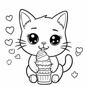 A cute kawaii cat eating ice cream, adorable children's colouring book page, thick clean black outlines, simple rounded shapes, big sparkling kawaii eyes, smiling, centred composition, large open spaces for easy colouring, minimal details, black and white line art only, no colour, no grayscale, no shading, no shadows, no gradients, no text, no watermark, no background except a few simple elements like hearts,  stars or flowers, adorable, printable, vector style, high quality, high resolution, 8.5 x 11 inches.