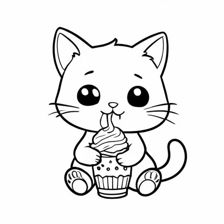 Cute kawaii cat eating ice cream, kawaii colouring book page, clean black outlines, black and white line art, simple, cute, easy to colour, no shading, minimal background.