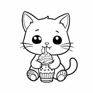 Cute kawaii cat eating ice cream, kawaii colouring book page, clean black outlines, black and white line art, simple, cute, easy to colour, no shading, minimal background.