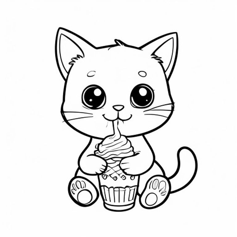 Super cute cat eating ice cream, kawaii colouring book page, clean black outlines, black and white line art, simple, cute, easy to colour, no shading, minimal background.