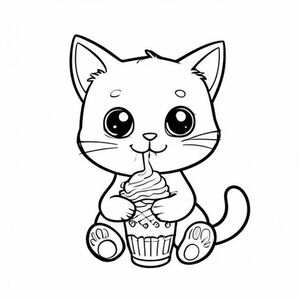 Super cute cat eating ice cream, kawaii colouring book page, clean black outlines, black and white line art, simple, cute, easy to colour, no shading, minimal background.