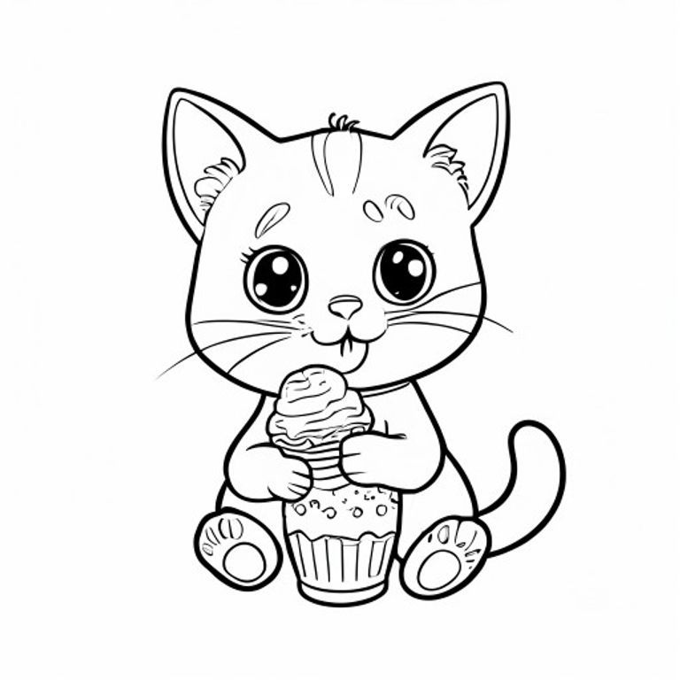 Super cute cat eating ice cream, nice colouring book page, clean black outlines, black and white line art, simple, cute, easy to colour, no shading, minimal background.