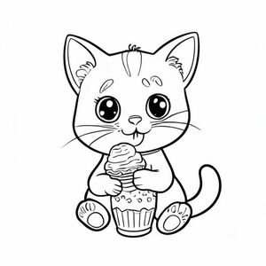 Super cute cat eating ice cream, nice colouring book page, clean black outlines, black and white line art, simple, cute, easy to colour, no shading, minimal background.