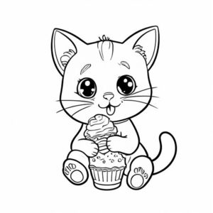 A cute cat eating ice cream, minimal background, for kids
