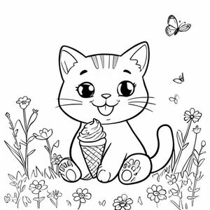 A cute kawaii cat eating an ice cream, smiling, sitting on the grass with small flowers and butterflies, simple colouring book page, black and white line art.