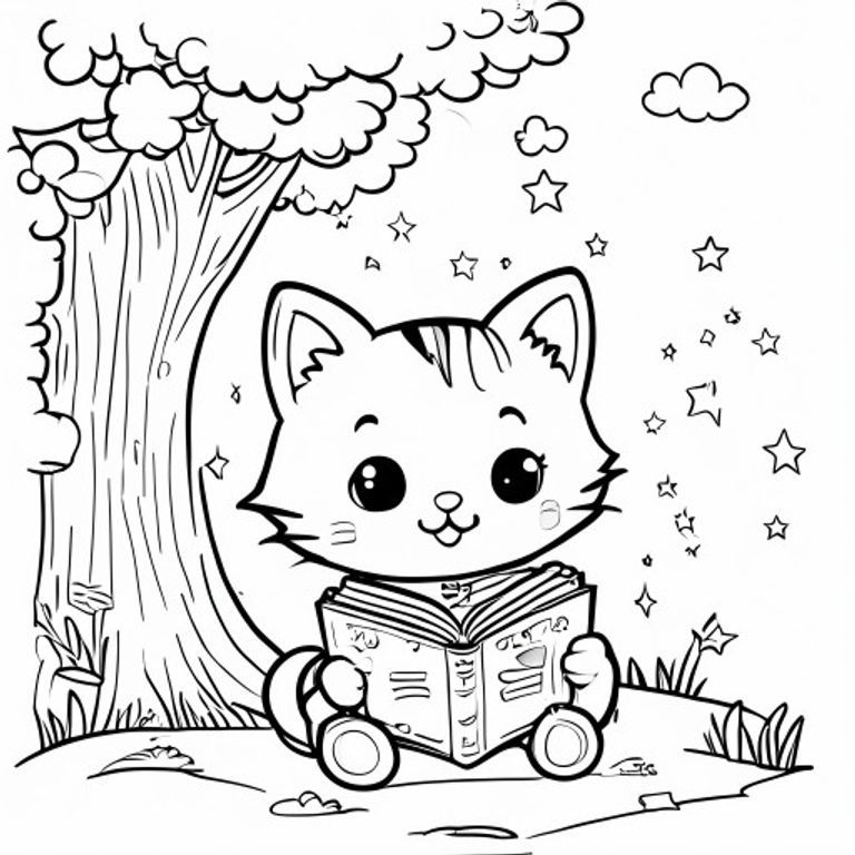 A cute kawaii cat reading a book under a tree, smiling, with hearts and stars around it, simple colouring book page, black and white line art.