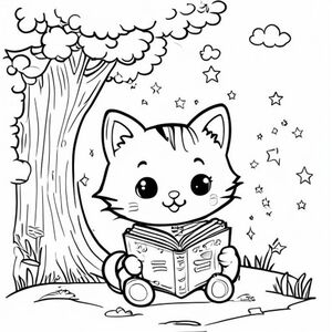A cute kawaii cat reading a book under a tree, smiling, with hearts and stars around it, simple colouring book page, black and white line art.