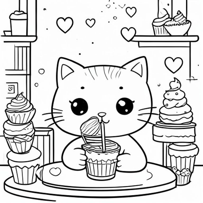 Một chú mèo dễ thương đang uống trà sữa trong quán cà phê ấm cúng, xung quanh là những chiếc cupcake và những trái tim nhỏ, trang sách tô màu đơn giản, nét vẽ đen trắng.