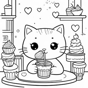Một chú mèo dễ thương đang uống trà sữa trong quán cà phê ấm cúng, xung quanh là những chiếc cupcake và những trái tim nhỏ, trang sách tô màu đơn giản, nét vẽ đen trắng.