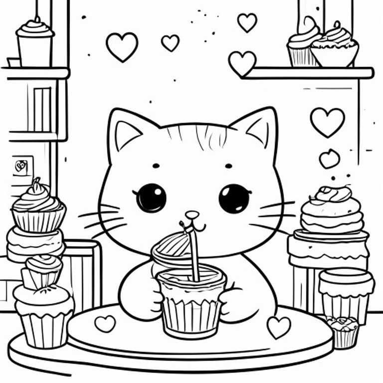 Một chú mèo dễ thương kawaii uống trà sữa trong quán cà phê ấm cúng, xung quanh là bánh cupcake và những trái tim nhỏ, trang sách tô màu đơn giản, nét vẽ đen trắng.