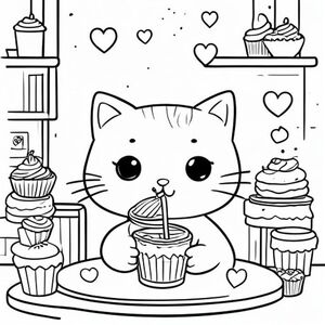 Một chú mèo dễ thương kawaii uống trà sữa trong quán cà phê ấm cúng, xung quanh là bánh cupcake và những trái tim nhỏ, trang sách tô màu đơn giản, nét vẽ đen trắng.