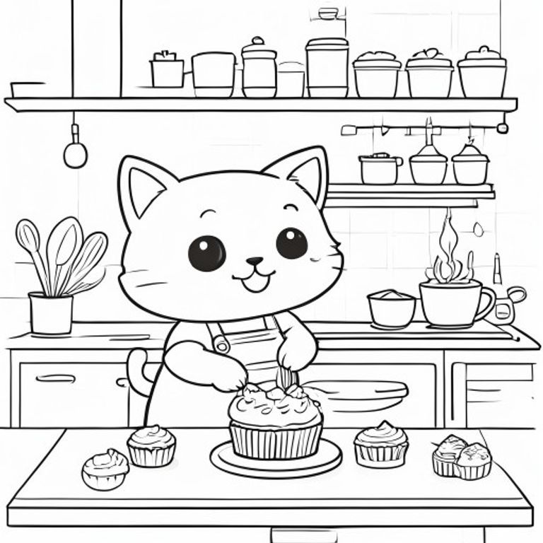 A cute kawaii cat baking cupcakes in a little kitchen, simple colouring book page, black and white line art. 