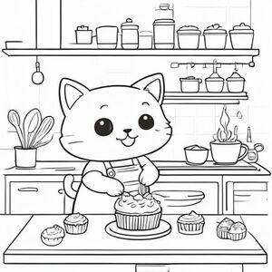 A cute kawaii cat baking cupcakes in a little kitchen, simple colouring book page, black and white line art. 