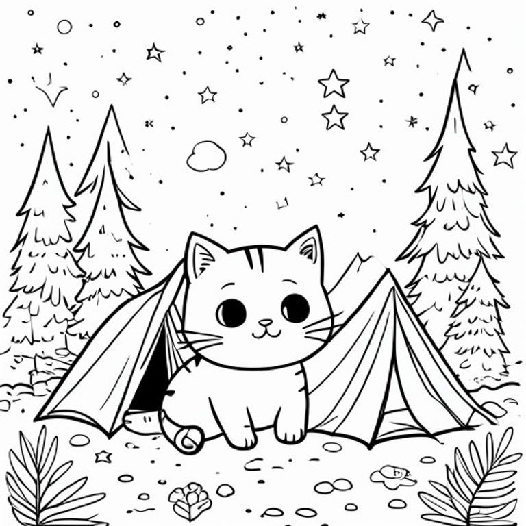 A cute kawaii cat camping in the forest with a tent and stars, simple colouring book page, black and white line art. 