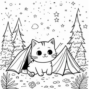 A cute kawaii cat camping in the forest with a tent and stars, simple colouring book page, black and white line art. 
