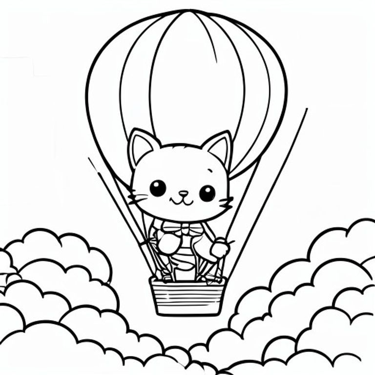 A cute kawaii cat flying in a hot air balloon above the clouds, simple colouring book page, black and white line art. 