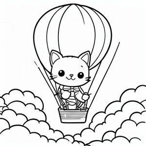 A cute kawaii cat flying in a hot air balloon above the clouds, simple colouring book page, black and white line art. 