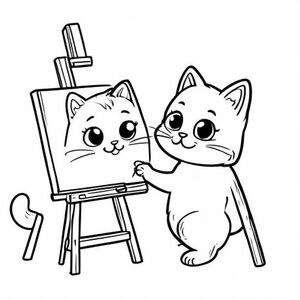Một chú mèo kawaii dễ thương vẽ cầu vồng trên giá vẽ, trang sách tô màu đơn giản, tranh vẽ nét đen trắng. 