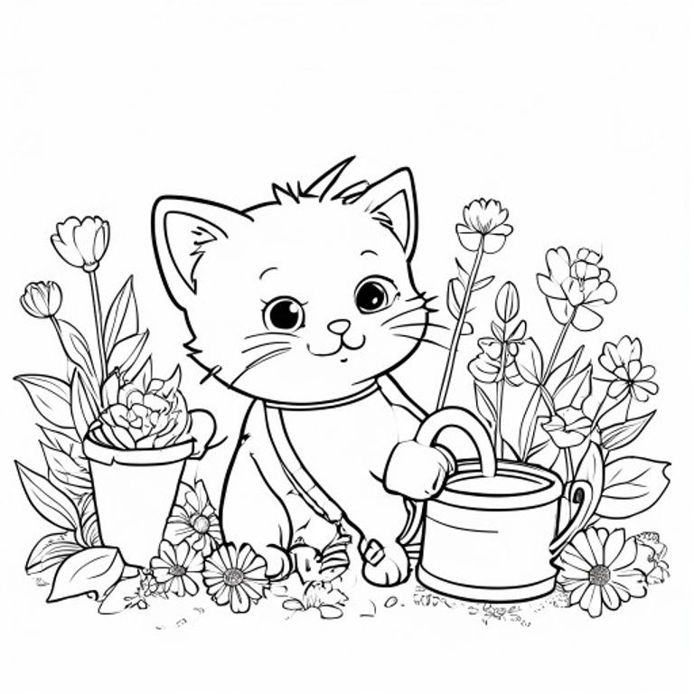Một chú mèo kawaii dễ thương đang làm vườn với hoa và bình tưới nước, trang sách tô màu đơn giản, tranh vẽ đường nét đen trắng.