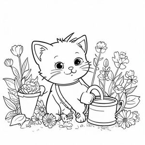 Một chú mèo kawaii dễ thương đang làm vườn với hoa và bình tưới nước, trang sách tô màu đơn giản, tranh vẽ đường nét đen trắng.