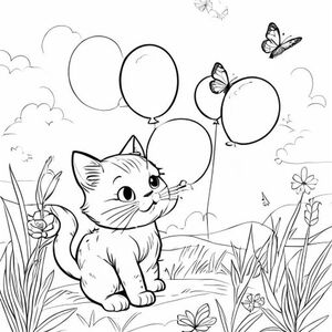 Một chú mèo Kawaii thổi bóng bay trên đồng cỏ với bướm bay quanh, trang sách tô màu đơn giản, nét vẽ đen trắng. 