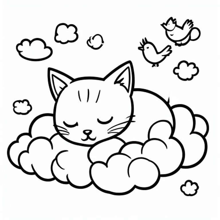 Một chú mèo dễ thương đang ngủ trên mây, xung quanh là những đám mây nhỏ, những chú chim dễ thương, trang sách tô màu đơn giản, nét vẽ đen trắng.
