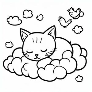 Một chú mèo dễ thương đang ngủ trên mây, xung quanh là những đám mây nhỏ, những chú chim dễ thương, trang sách tô màu đơn giản, nét vẽ đen trắng.