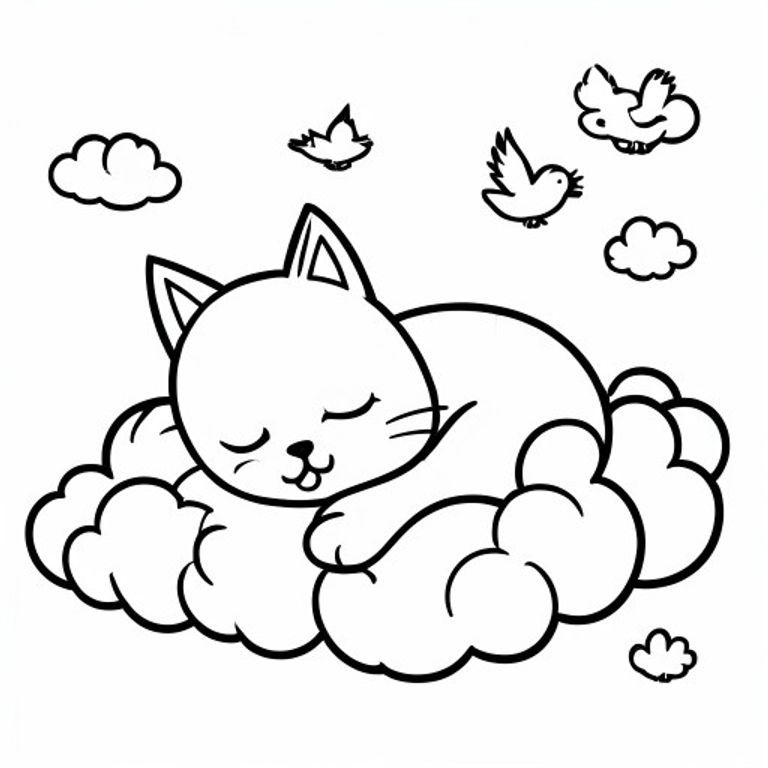 a kawaii cat sleeping on a cloud, with tiny clouds and birds around, simple colouring book page, black and white line art