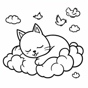 A kawaii cat sleeping on a cloud, with tiny clouds and birds around, simple colouring book page, black and white line art
