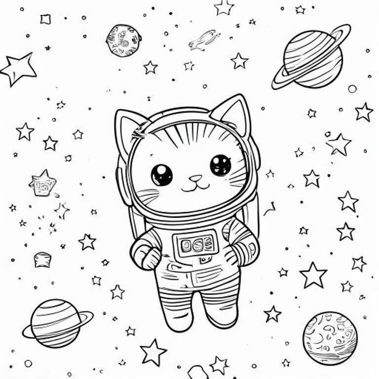 A kawaii cat astronaut in space, surrounded by tiny planets and stars, simple colouring book page, black and white line art