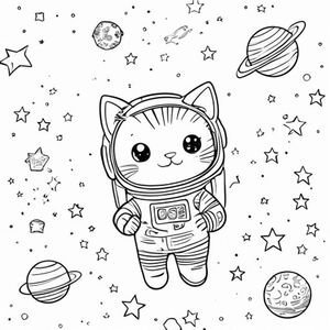 A kawaii cat astronaut in space, surrounded by tiny planets and stars, simple colouring book page, black and white line art