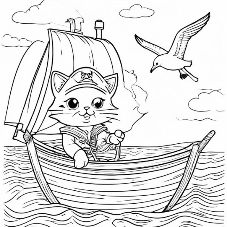 A kawaii cat pirate at sea, on a sailing boat, with a seagull flying over, simple colouring book page, black and white line art