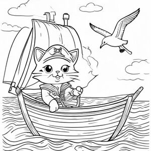 A kawaii cat pirate at sea, on a sailing boat, with a seagull flying over, simple colouring book page, black and white line art