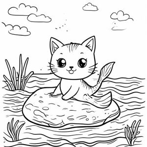 A Kawaii cat mermaid on a sea rock, with soft sea waves, bright sky, simple colouring book page, black and white line art