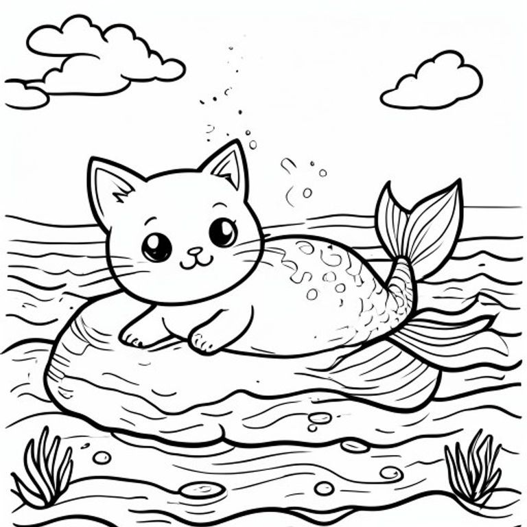 A Kawaii cat mermaid with one fin, lying on a sea rock, with soft sea waves, bright sky, simple colouring book page, black and white line art