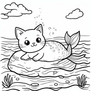 A Kawaii cat mermaid with one fin, lying on a sea rock, with soft sea waves, bright sky, simple colouring book page, black and white line art