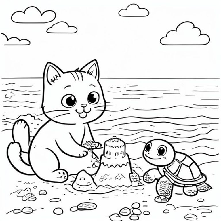 A kawaii cat at the beach, making a sandcastle, with a tiny turtle beside it, simple colouring book page, black and white line art