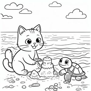A kawaii cat at the beach, making a sandcastle, with a tiny turtle beside it, simple colouring book page, black and white line art