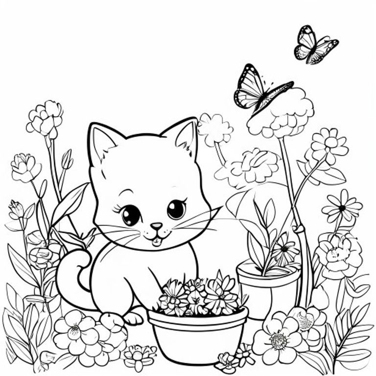 A kawaii cat gardening surrounded by flowers and a small funny apple tree, a butterfly flying over, simple colouring book page, black and white line art